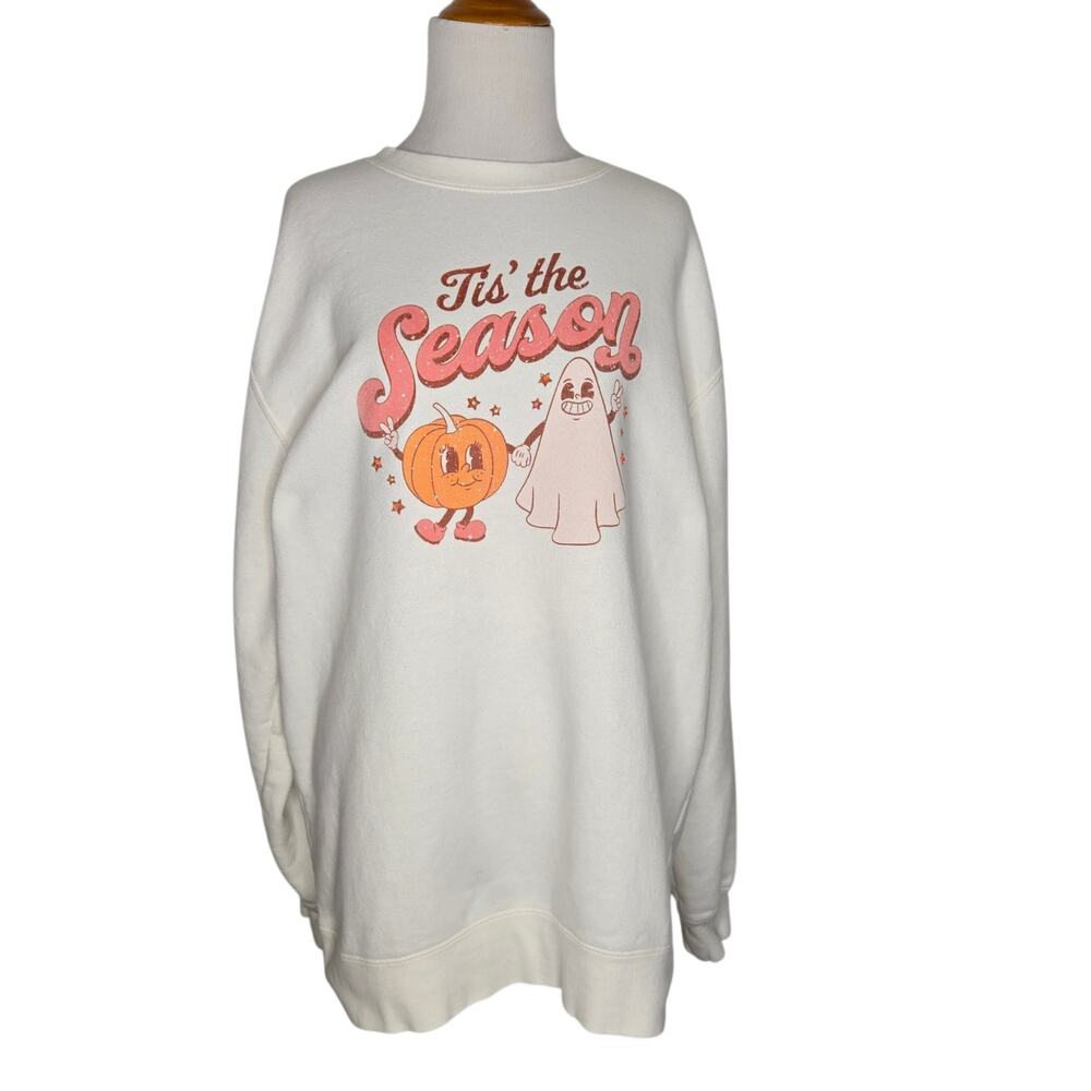 Retro Womens Halloween Sweatshirt Cute Ghost Pumpkin Sequins Spooky White Large